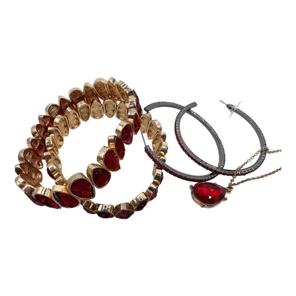 Charming Charlies, Red Jewely set 2 bracelets, 2 hoop earrings, 1 charm necklace